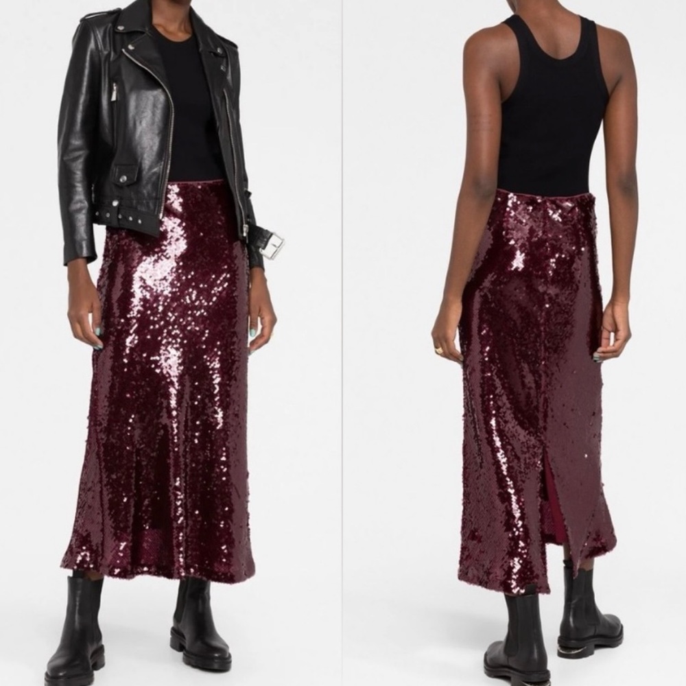 Vince Sequin Midi Slip Skirt Burgundy Wine Back Slit Size XSmall NWT